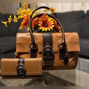 Coach Soho Flap Elegant Tan and Brown Handbag Set